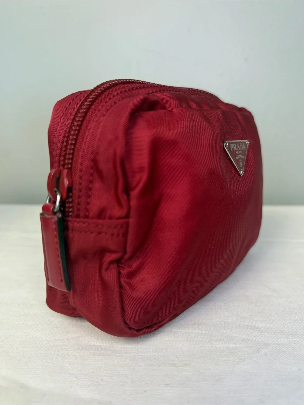 Prada Red Tessuto Nylon Triangle Logo Cosmetic Makeup Pouch Bag Italy